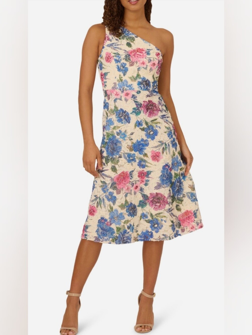 Adrianna Papell Floral Soutache Lace One-Shoulder Fit & Flare Midi Dress Us 16